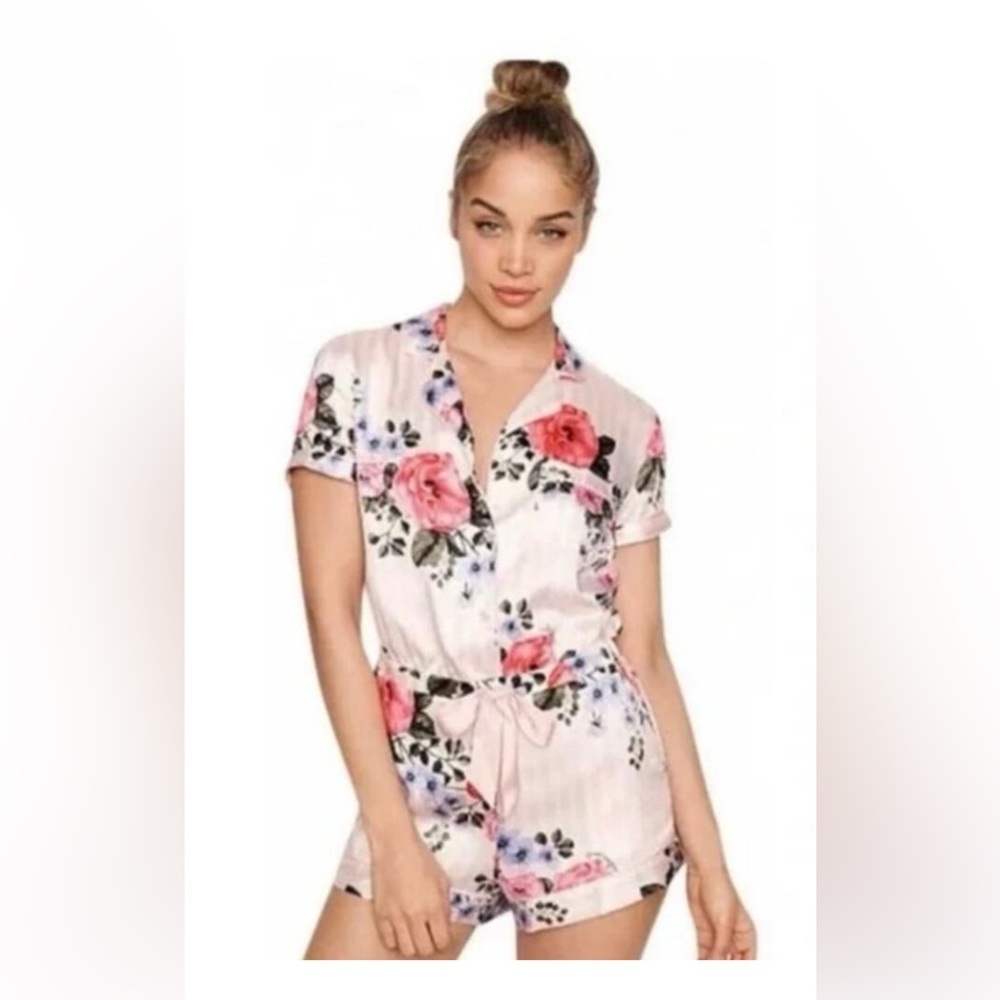 Victoria’s Secret Satin Floral Pink Striped Pajama Romper Shorts